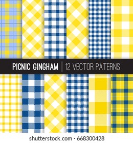 Blue and Yellow Picnic Tablecloth Gingham Checks and Tartan Plaid Patterns. Set of Food Packaging or Restaurant Menu Backgrounds. Vector Pattern Tile Swatches Included.