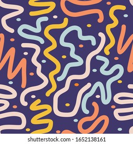 Blue, yellow and pink color hand drawn line art seamless pattern for wallpaper, wrapping and textile. Contemporary colorful endless fabric.