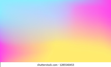 Blue, Yellow to Pink Holographic Gradient Blurred Vector Background. Psychedelic Multicolored Neon Gradient Mesh. Trendy Out-of-focus Effect. HD format Proportions. Horizontal Layout.