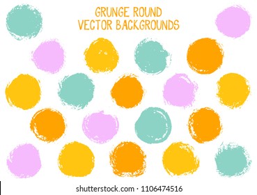 Blue, yellow and pink round paint brush strokes, colorful circle frame or border vector collection. Oval, circular logo elements. Hand drawn stains, brushstrokes, splashes, circle watercolor lines.