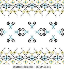 Blue and yellow pixel art flower on a white background wallpaper oriental seamless pattern. Cross-stitch pattern. Ethnic decor style. geometric ornament. Vector seamless pattern. Ukrainian ornament.