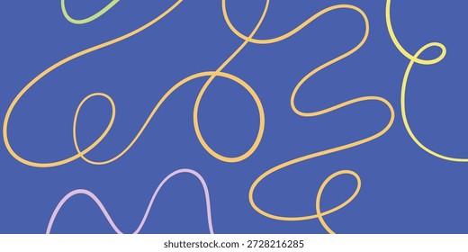 Blue and yellow playful abstract linear vector doodles, swirly line art background
