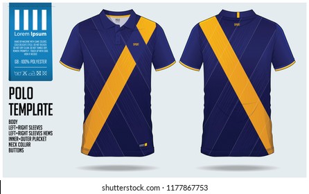 Blue and yellow Polo t-shirt sport template design for soccer jersey, football kit or sportswear. Sport uniform in front view and back view. T-shirt mock up for sport club. Vector Illustration.