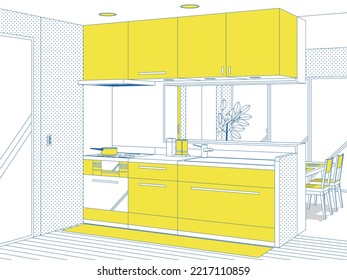 Ilustración vectorial de cocina pop azul y amarilla