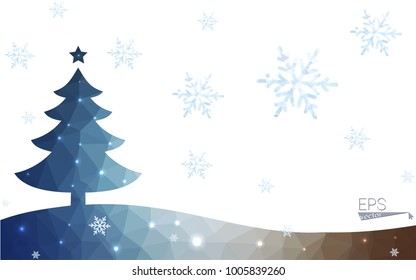Blue, yellow postcard low polygon style christmas tree vector illustration consisting of triangles. Abstract polygonal origami or crystal design of New Years celebration. Isolated on white background.
