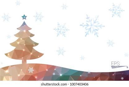Blue, yellow postcard low polygon style christmas tree vector illustration consisting of triangles. Abstract polygonal origami or crystal design of New Years celebration. Isolated on white background.