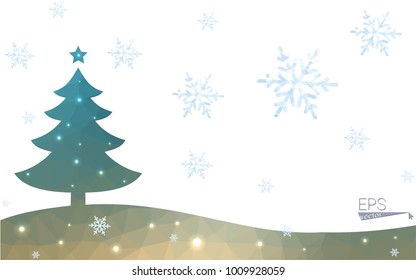 Blue, yellow postcard low polygon style christmas tree vector illustration consisting of triangles. Abstract polygonal origami or crystal design of New Years celebration. Isolated on white background.