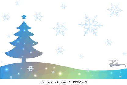 Blue, yellow postcard low polygon style christmas tree vector illustration consisting of triangles. Abstract polygonal origami or crystal design of New Years celebration. Isolated on white background.