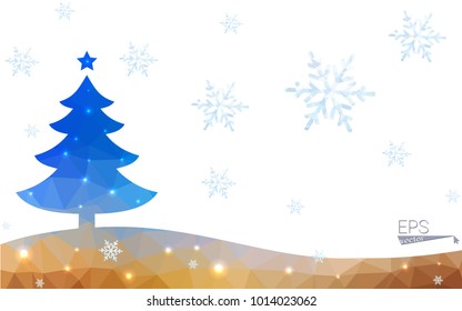 Blue, yellow postcard low polygon style christmas tree vector illustration consisting of triangles. Abstract polygonal origami or crystal design of New Years celebration. Isolated on white background.