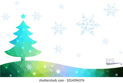 Blue, yellow postcard low polygon style christmas tree vector illustration consisting of triangles. Abstract polygonal origami or crystal design of New Years celebration. Isolated on white background.