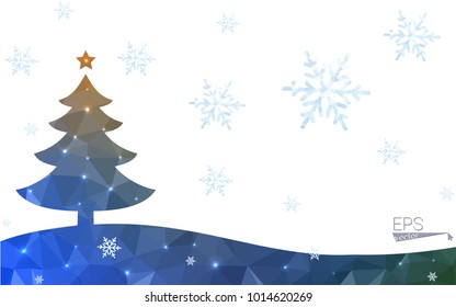 Blue, yellow postcard low polygon style christmas tree vector illustration consisting of triangles. Abstract polygonal origami or crystal design of New Years celebration. Isolated on white background.