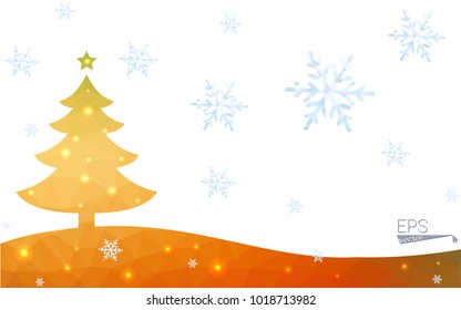 Blue, yellow postcard low polygon style christmas tree vector illustration consisting of triangles. Abstract polygonal origami or crystal design of New Years celebration. Isolated on white background.