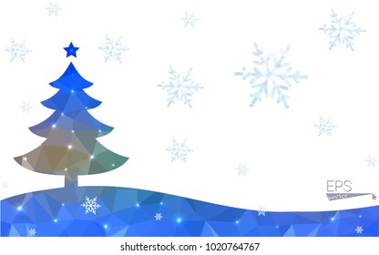 Blue, yellow postcard low polygon style christmas tree vector illustration consisting of triangles. Abstract polygonal origami or crystal design of New Years celebration. Isolated on white background.