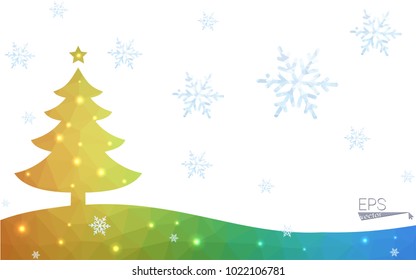 Blue, yellow postcard low polygon style christmas tree vector illustration consisting of triangles. Abstract polygonal origami or crystal design of New Years celebration. Isolated on white background.