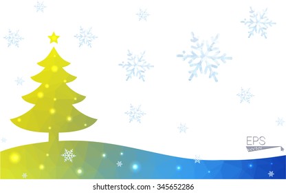 Blue, yellow postcard low polygon style christmas tree vector illustration consisting of triangles. Abstract polygonal origami or crystal design of New Years celebration. Isolated on white background.