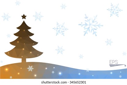 Blue, yellow postcard low polygon style christmas tree vector illustration consisting of triangles. Abstract polygonal origami or crystal design of New Years celebration. Isolated on white background.