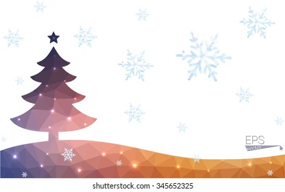 Blue, yellow postcard low polygon style christmas tree vector illustration consisting of triangles. Abstract polygonal origami or crystal design of New Years celebration. Isolated on white background.