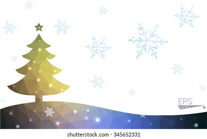 Blue, yellow postcard low polygon style christmas tree vector illustration consisting of triangles. Abstract polygonal origami or crystal design of New Years celebration. Isolated on white background.