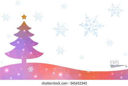Blue, yellow postcard low polygon style christmas tree vector illustration consisting of triangles. Abstract polygonal origami or crystal design of New Years celebration. Isolated on white background.