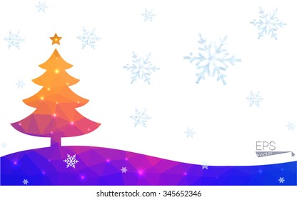 Blue, yellow postcard low polygon style christmas tree vector illustration consisting of triangles. Abstract polygonal origami or crystal design of New Years celebration. Isolated on white background.