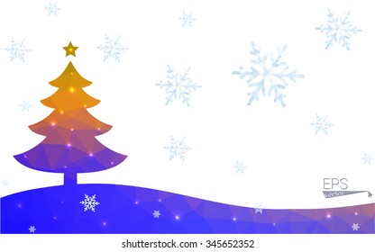 Blue, yellow postcard low polygon style christmas tree vector illustration consisting of triangles. Abstract polygonal origami or crystal design of New Years celebration. Isolated on white background.