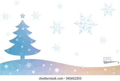 Blue, yellow postcard low polygon style christmas tree vector illustration consisting of triangles. Abstract polygonal origami or crystal design of New Years celebration. Isolated on white background.