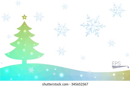 Blue, yellow postcard low polygon style christmas tree vector illustration consisting of triangles. Abstract polygonal origami or crystal design of New Years celebration. Isolated on white background.