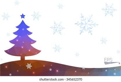 Blue, yellow postcard low polygon style christmas tree vector illustration consisting of triangles. Abstract polygonal origami or crystal design of New Years celebration. Isolated on white background.