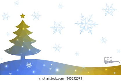 Blue, yellow postcard low polygon style christmas tree vector illustration consisting of triangles. Abstract polygonal origami or crystal design of New Years celebration. Isolated on white background.