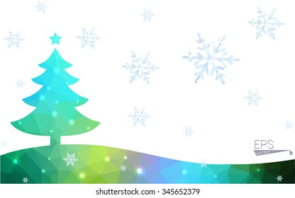 Blue, yellow postcard low polygon style christmas tree vector illustration consisting of triangles. Abstract polygonal origami or crystal design of New Years celebration. Isolated on white background.