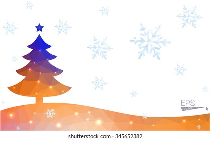 Blue, yellow postcard low polygon style christmas tree vector illustration consisting of triangles. Abstract polygonal origami or crystal design of New Years celebration. Isolated on white background.