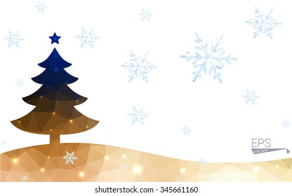 Blue, yellow postcard low polygon style christmas tree vector illustration consisting of triangles. Abstract polygonal origami or crystal design of New Years celebration. Isolated on white background.
