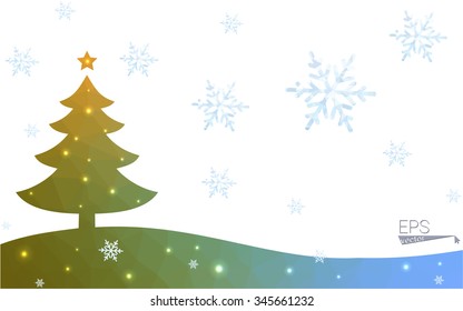 Blue, yellow postcard low polygon style christmas tree vector illustration consisting of triangles. Abstract polygonal origami or crystal design of New Years celebration. Isolated on white background.