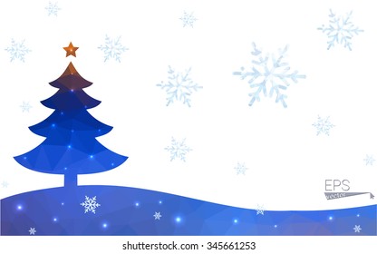 Blue, yellow postcard low polygon style christmas tree vector illustration consisting of triangles. Abstract polygonal origami or crystal design of New Years celebration. Isolated on white background.