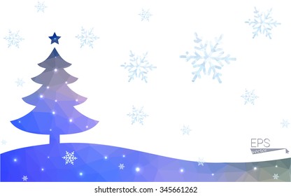 Blue, yellow postcard low polygon style christmas tree vector illustration consisting of triangles. Abstract polygonal origami or crystal design of New Years celebration. Isolated on white background.