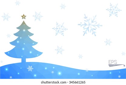 Blue, yellow postcard low polygon style christmas tree vector illustration consisting of triangles. Abstract polygonal origami or crystal design of New Years celebration. Isolated on white background.