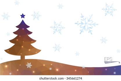 Blue, yellow postcard low polygon style christmas tree vector illustration consisting of triangles. Abstract polygonal origami or crystal design of New Years celebration. Isolated on white background.