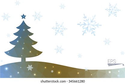 Blue, yellow postcard low polygon style christmas tree vector illustration consisting of triangles. Abstract polygonal origami or crystal design of New Years celebration. Isolated on white background.