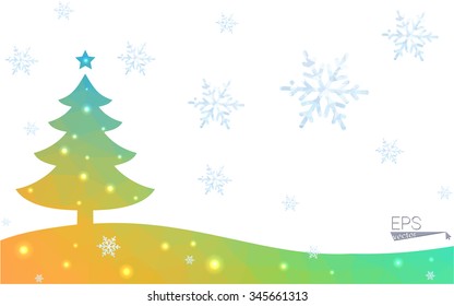 Blue, yellow postcard low polygon style christmas tree vector illustration consisting of triangles. Abstract polygonal origami or crystal design of New Years celebration. Isolated on white background.
