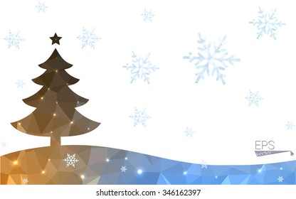 Blue, yellow postcard low polygon style christmas tree vector illustration consisting of triangles. Abstract polygonal origami or crystal design of New Years celebration. Isolated on white background.