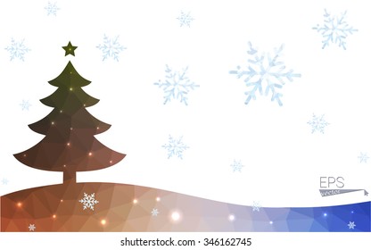 Blue, yellow postcard low polygon style christmas tree vector illustration consisting of triangles. Abstract polygonal origami or crystal design of New Years celebration. Isolated on white background.