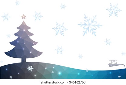 Blue, yellow postcard low polygon style christmas tree vector illustration consisting of triangles. Abstract polygonal origami or crystal design of New Years celebration. Isolated on white background.