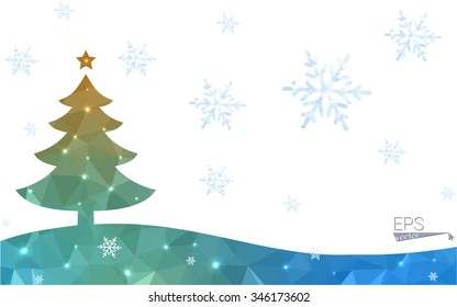 Blue, yellow postcard low polygon style christmas tree vector illustration consisting of triangles. Abstract polygonal origami or crystal design of New Years celebration. Isolated on white background.