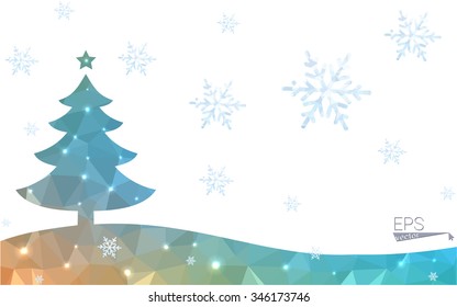 Blue, yellow postcard low polygon style christmas tree vector illustration consisting of triangles. Abstract polygonal origami or crystal design of New Years celebration. Isolated on white background.