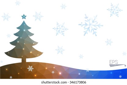Blue, yellow postcard low polygon style christmas tree vector illustration consisting of triangles. Abstract polygonal origami or crystal design of New Years celebration. Isolated on white background.