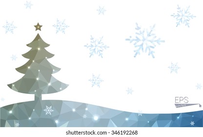 Blue, yellow postcard low polygon style christmas tree vector illustration consisting of triangles. Abstract polygonal origami or crystal design of New Years celebration. Isolated on white background.