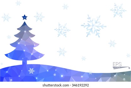 Blue, yellow postcard low polygon style christmas tree vector illustration consisting of triangles. Abstract polygonal origami or crystal design of New Years celebration. Isolated on white background.