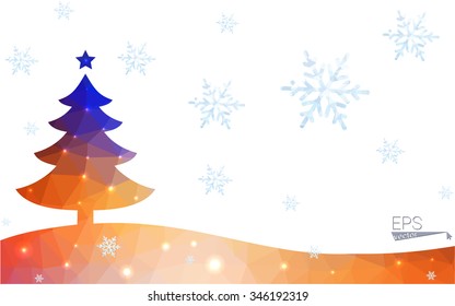 Blue, yellow postcard low polygon style christmas tree vector illustration consisting of triangles. Abstract polygonal origami or crystal design of New Years celebration. Isolated on white background.