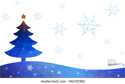 Blue, yellow postcard low polygon style christmas tree vector illustration consisting of triangles. Abstract polygonal origami or crystal design of New Years celebration. Isolated on white background.