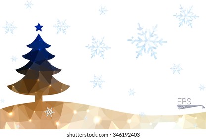Blue, yellow postcard low polygon style christmas tree vector illustration consisting of triangles. Abstract polygonal origami or crystal design of New Years celebration. Isolated on white background.